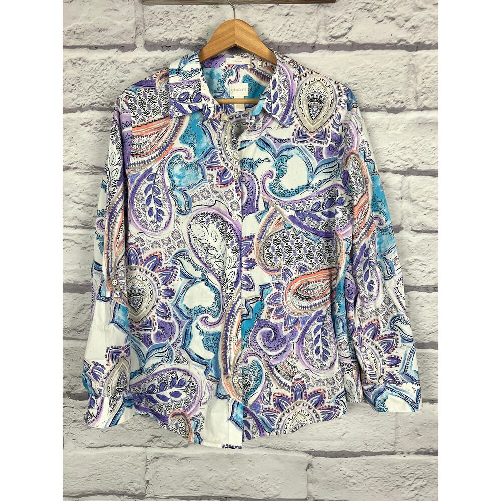 Chico's Women's M Boho Artsy Coastal Resortwear Vacation Paisley Print Blouse - Picture 3 of 13